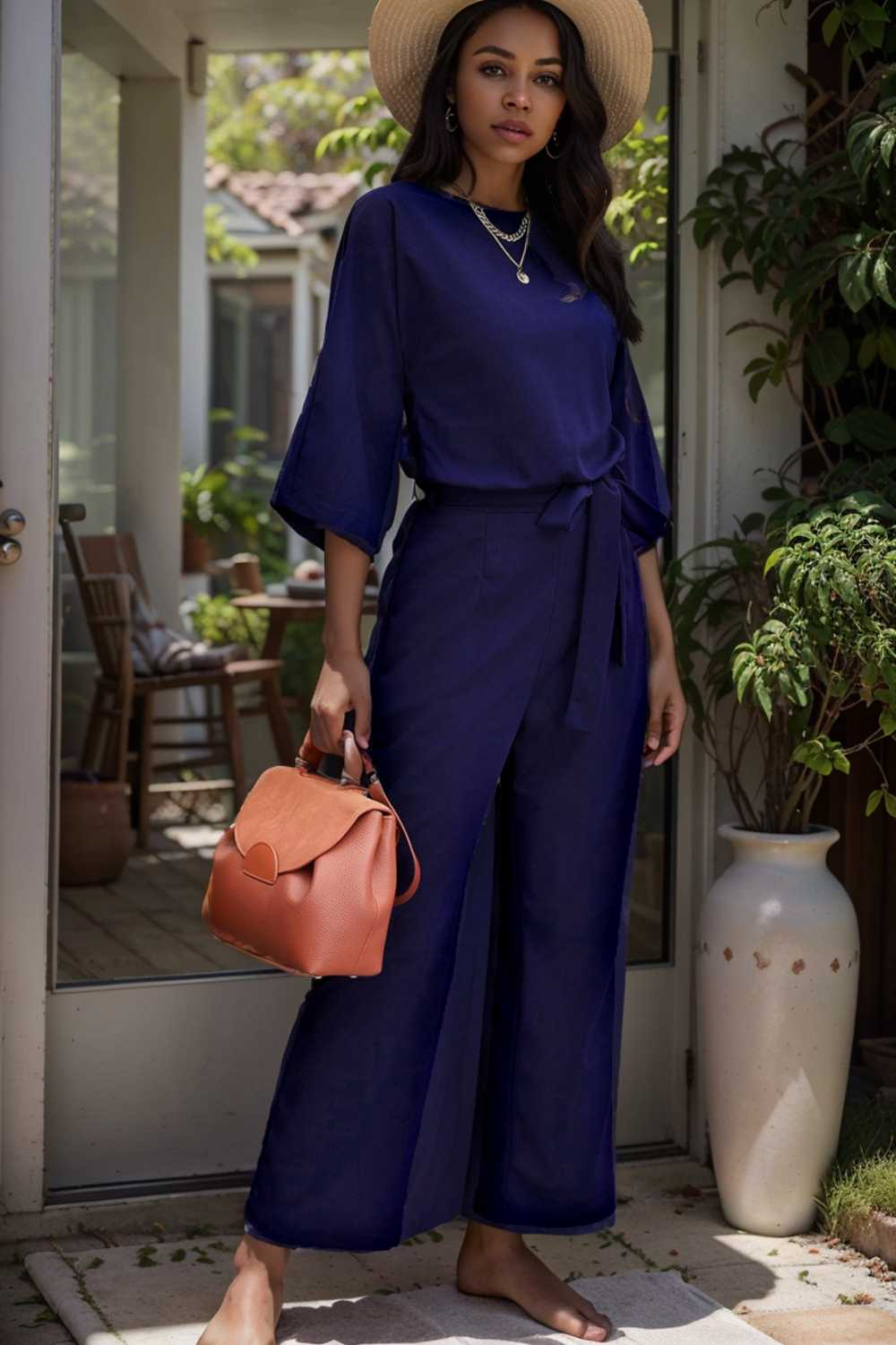 solid five point sleeve belted wide leg jumpsuit 110280