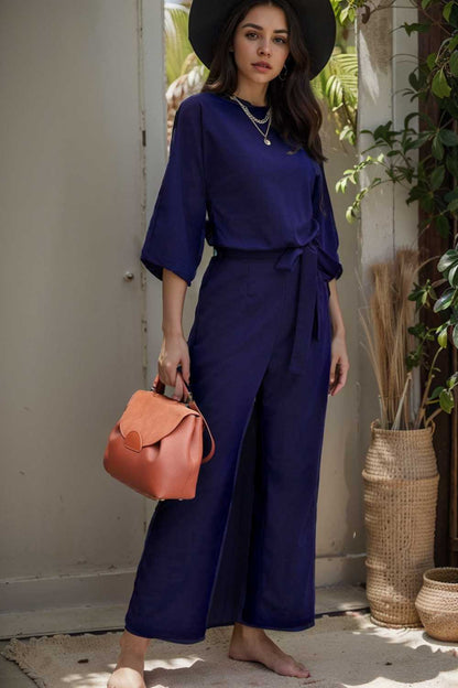 solid five point sleeve belted wide leg jumpsuit 110279