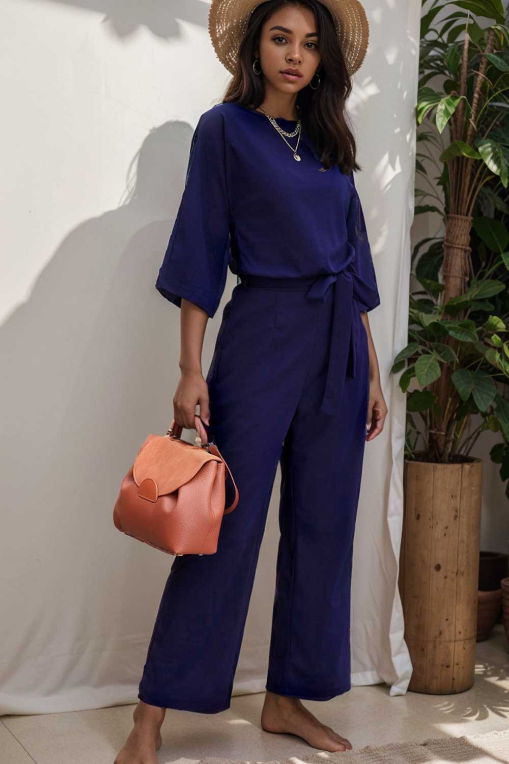 solid five point sleeve belted wide leg jumpsuit 110278