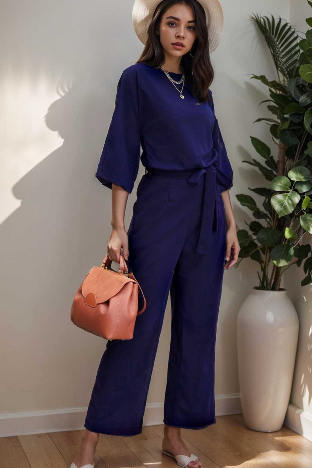 solid five point sleeve belted wide leg jumpsuit 110277