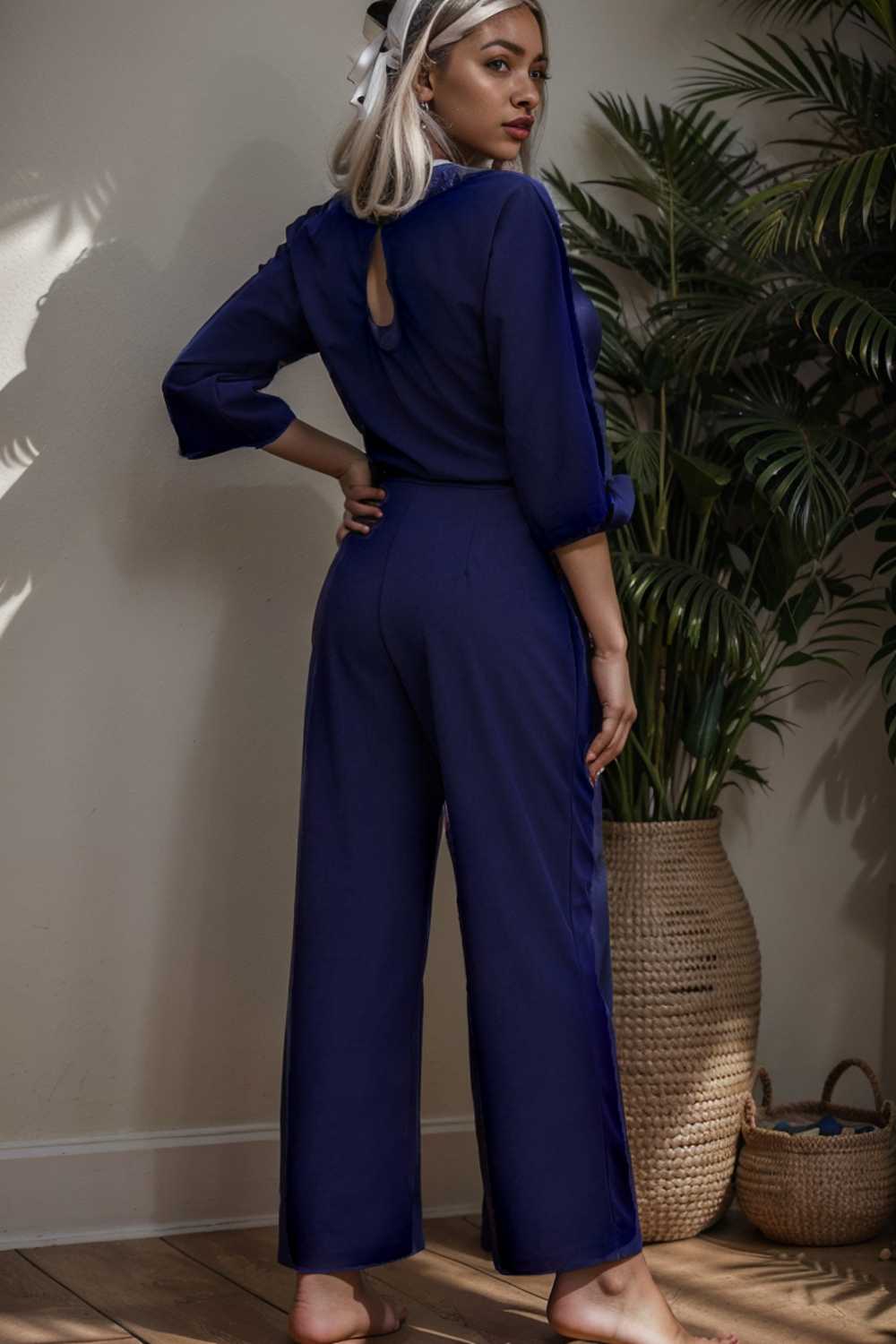 solid five point sleeve belted wide leg jumpsuit 110276