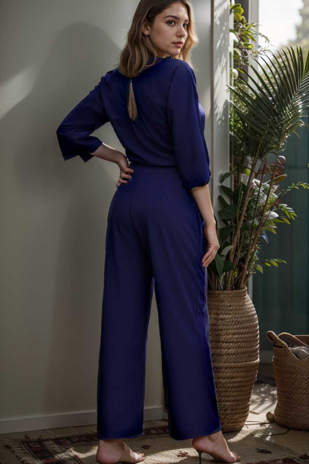 solid five point sleeve belted wide leg jumpsuit 106344
