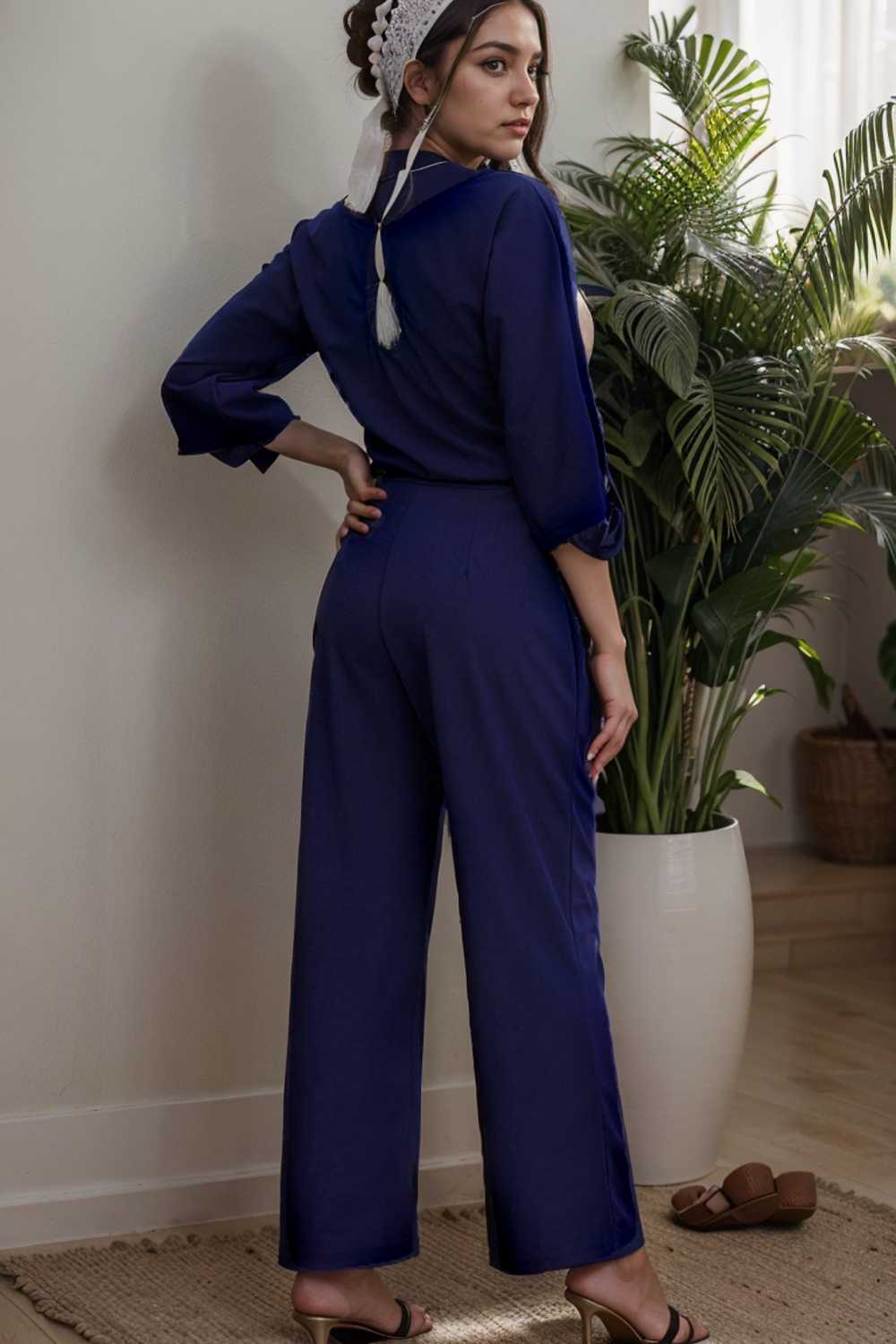 solid five point sleeve belted wide leg jumpsuit 106343