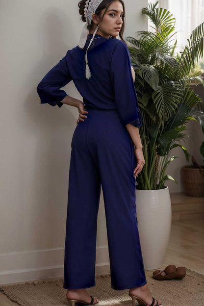 solid five point sleeve belted wide leg jumpsuit 106343