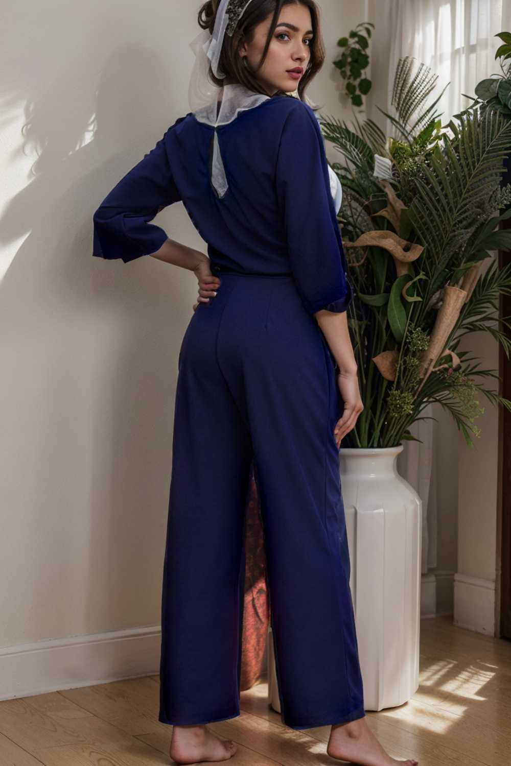 solid five point sleeve belted wide leg jumpsuit 110275