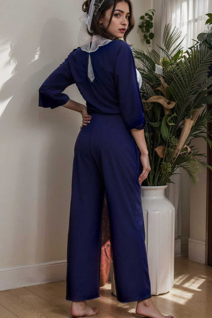 solid five point sleeve belted wide leg jumpsuit 110275