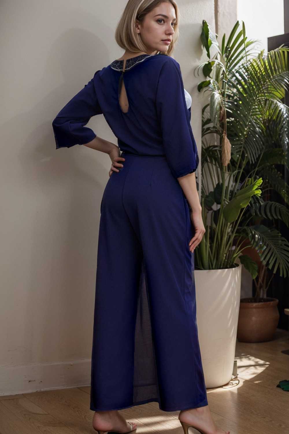 solid five point sleeve belted wide leg jumpsuit 106342