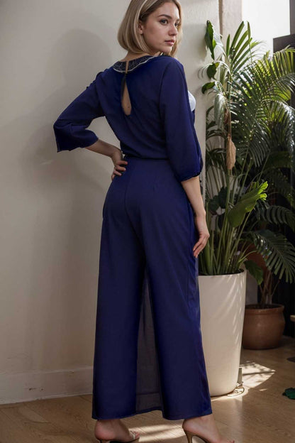 solid five point sleeve belted wide leg jumpsuit 106342