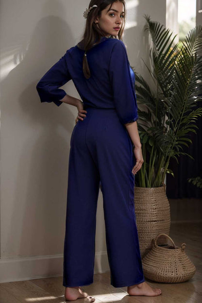 solid five point sleeve belted wide leg jumpsuit 110274