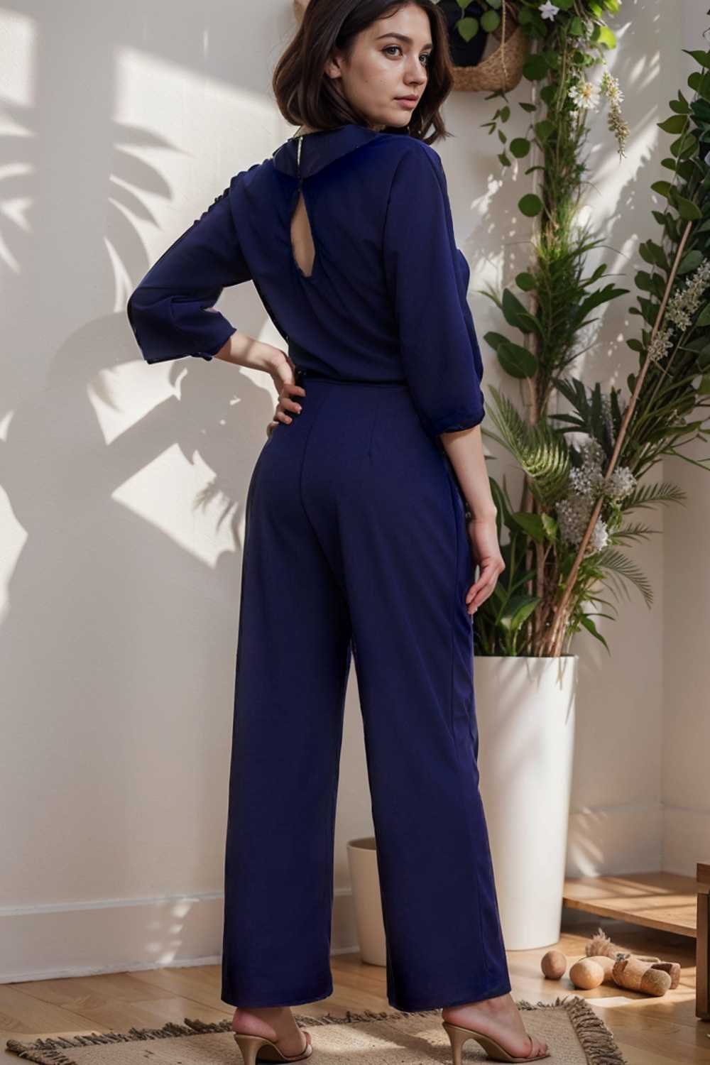 solid five point sleeve belted wide leg jumpsuit 106341