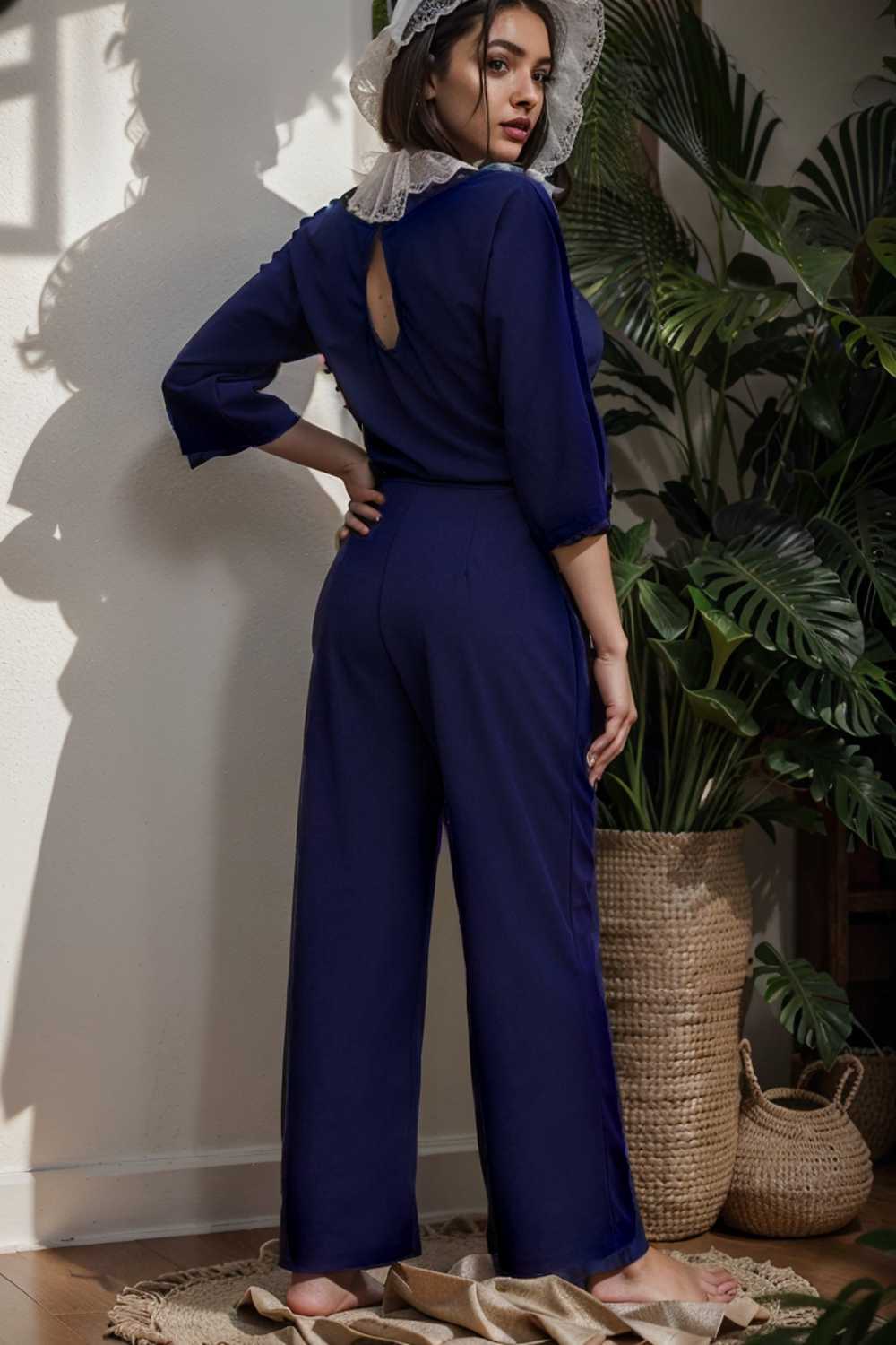 solid five point sleeve belted wide leg jumpsuit 110273
