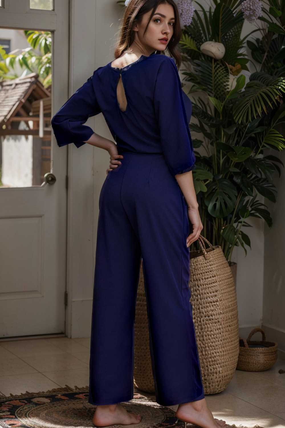 solid five point sleeve belted wide leg jumpsuit 110272