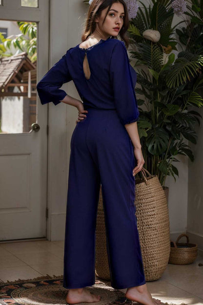 solid five point sleeve belted wide leg jumpsuit 110272