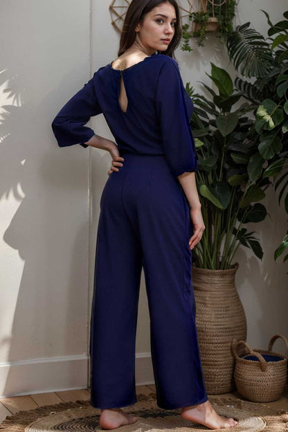 solid five point sleeve belted wide leg jumpsuit 106340