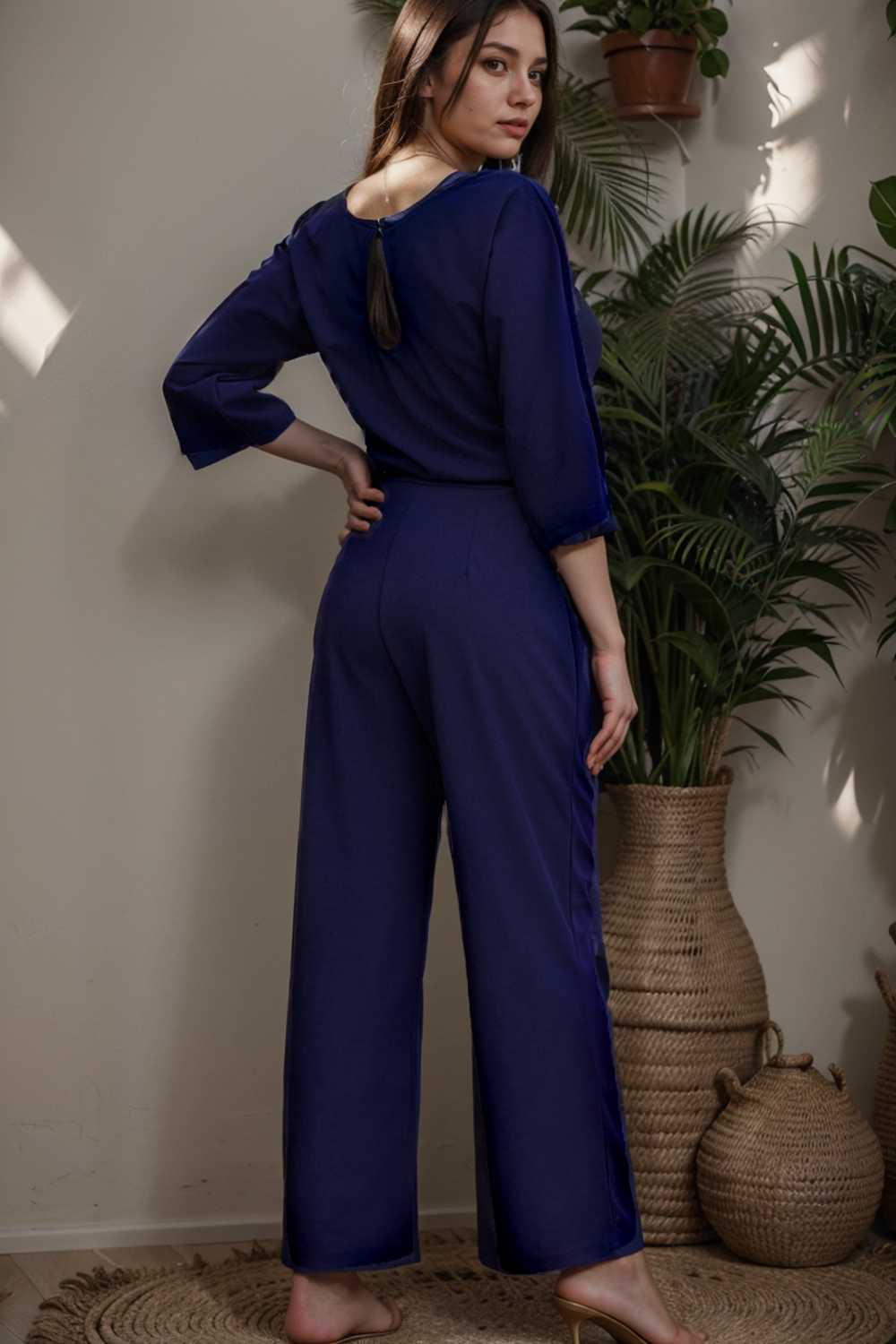 solid five point sleeve belted wide leg jumpsuit 106339