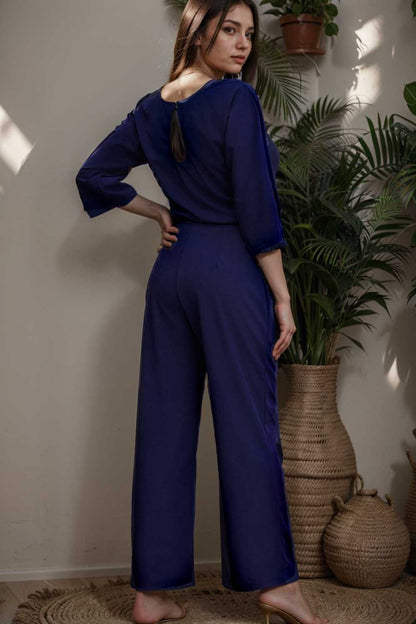 solid five point sleeve belted wide leg jumpsuit 106339