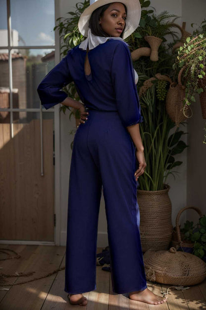 solid five point sleeve belted wide leg jumpsuit 110271