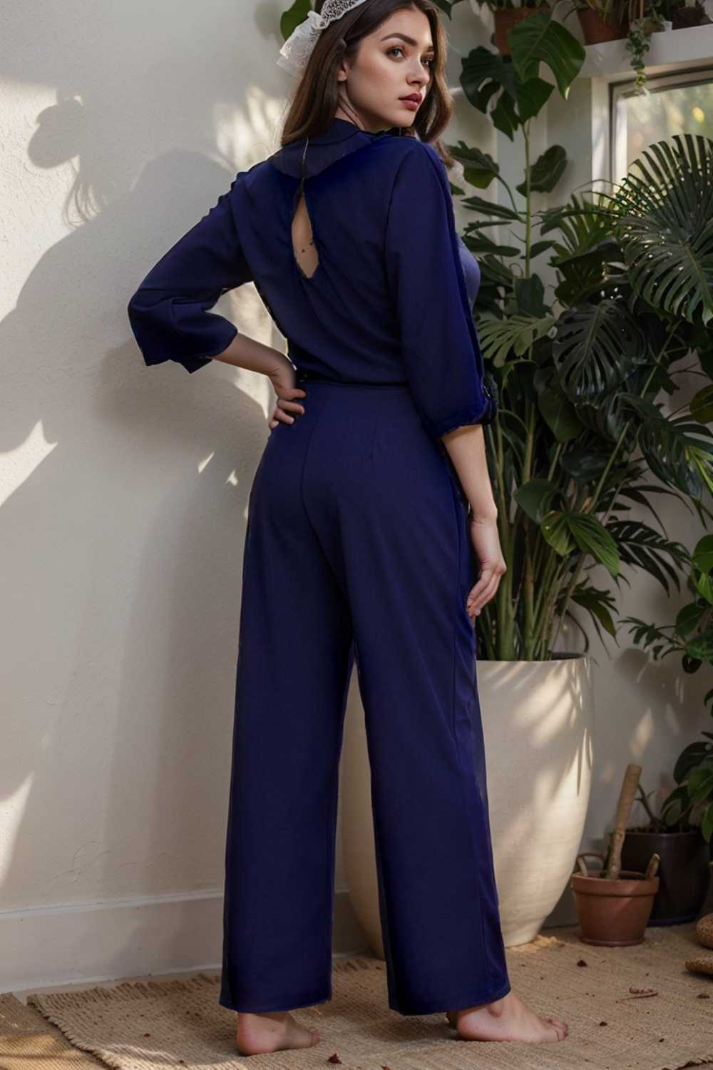 solid five point sleeve belted wide leg jumpsuit 110270