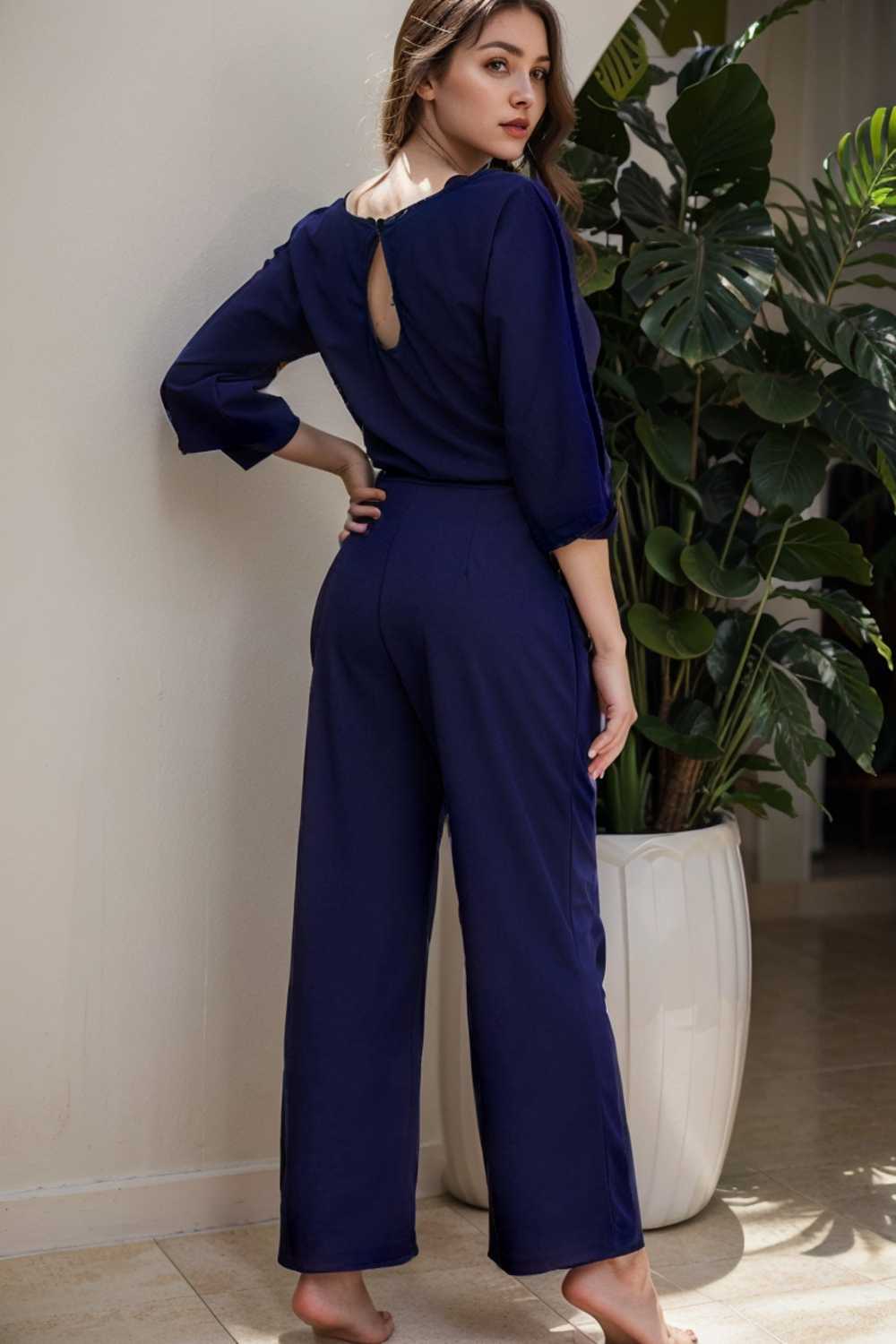 solid five point sleeve belted wide leg jumpsuit 110269