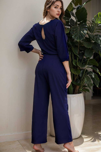 solid five point sleeve belted wide leg jumpsuit 110269