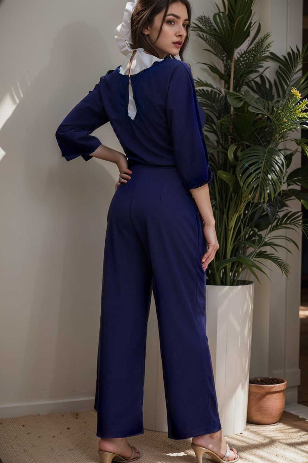 solid five point sleeve belted wide leg jumpsuit 110268