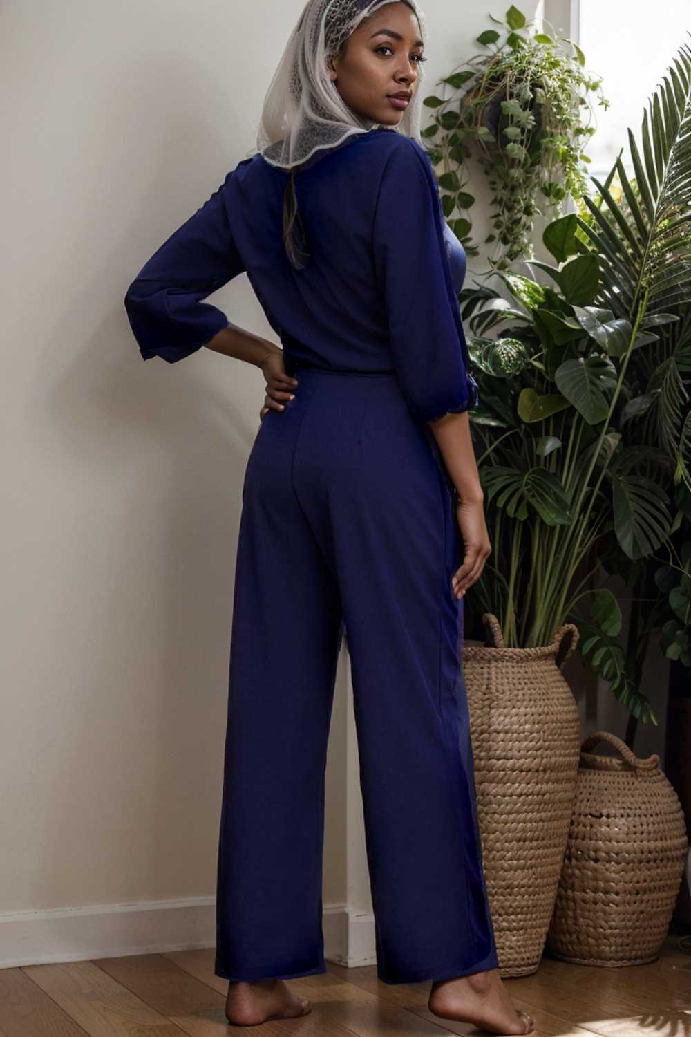 solid five point sleeve belted wide leg jumpsuit 110267