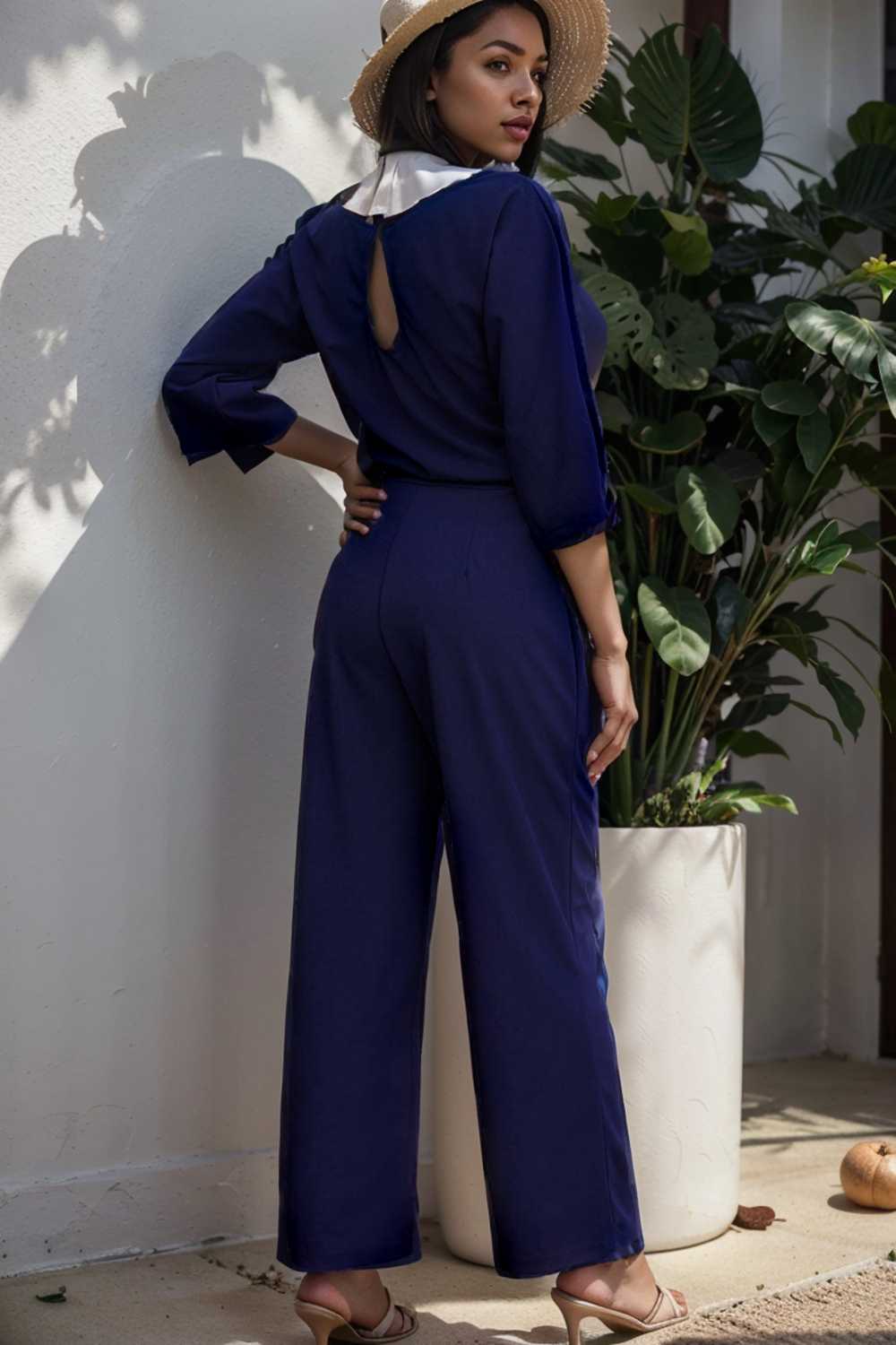 solid five point sleeve belted wide leg jumpsuit 110266
