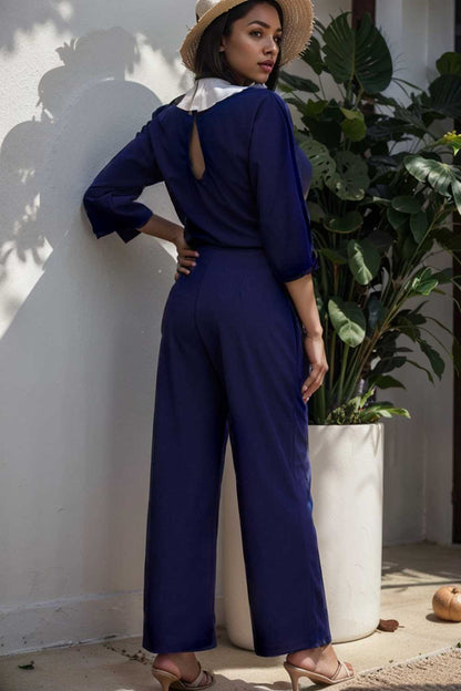 solid five point sleeve belted wide leg jumpsuit 110266