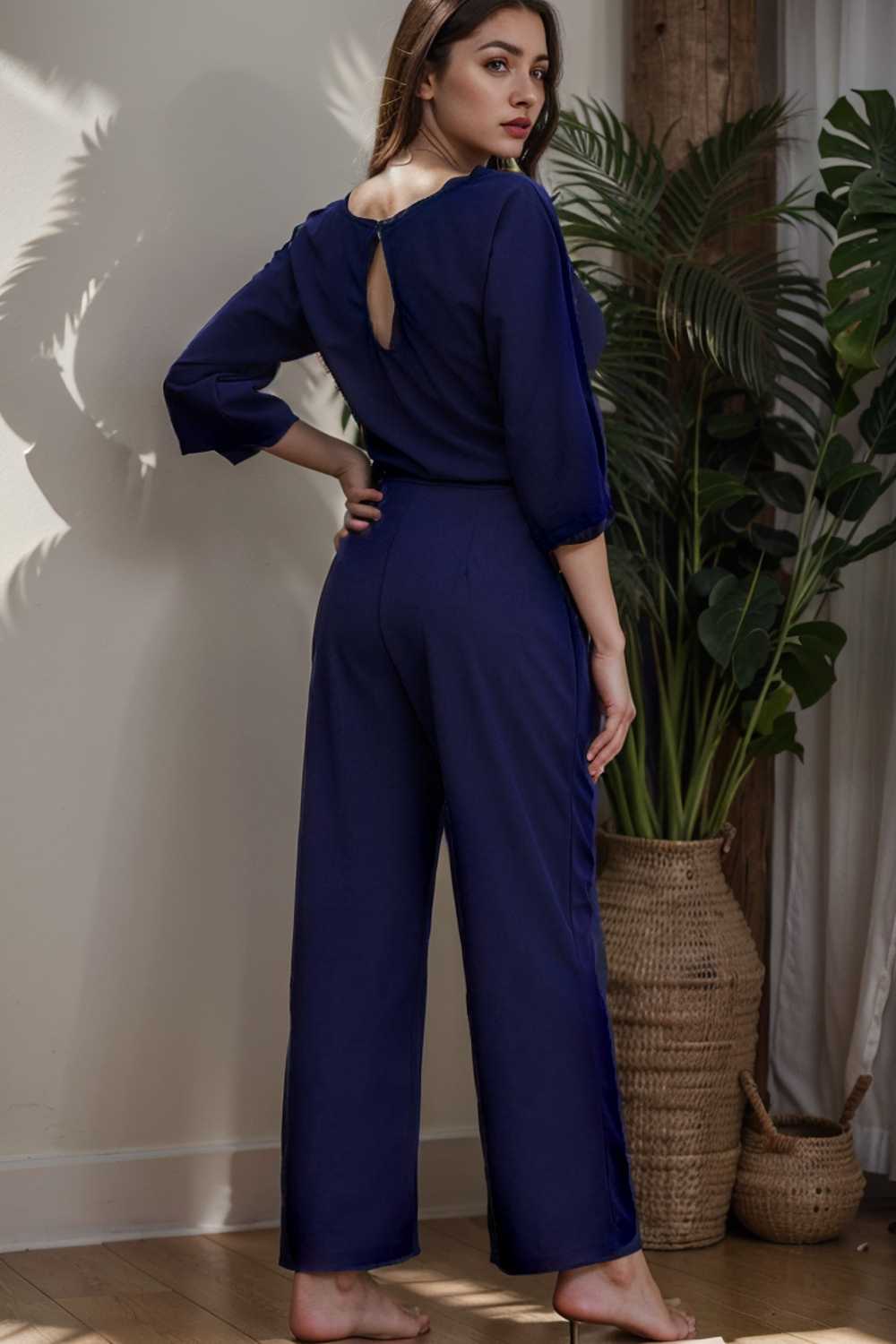 solid five point sleeve belted wide leg jumpsuit 110265