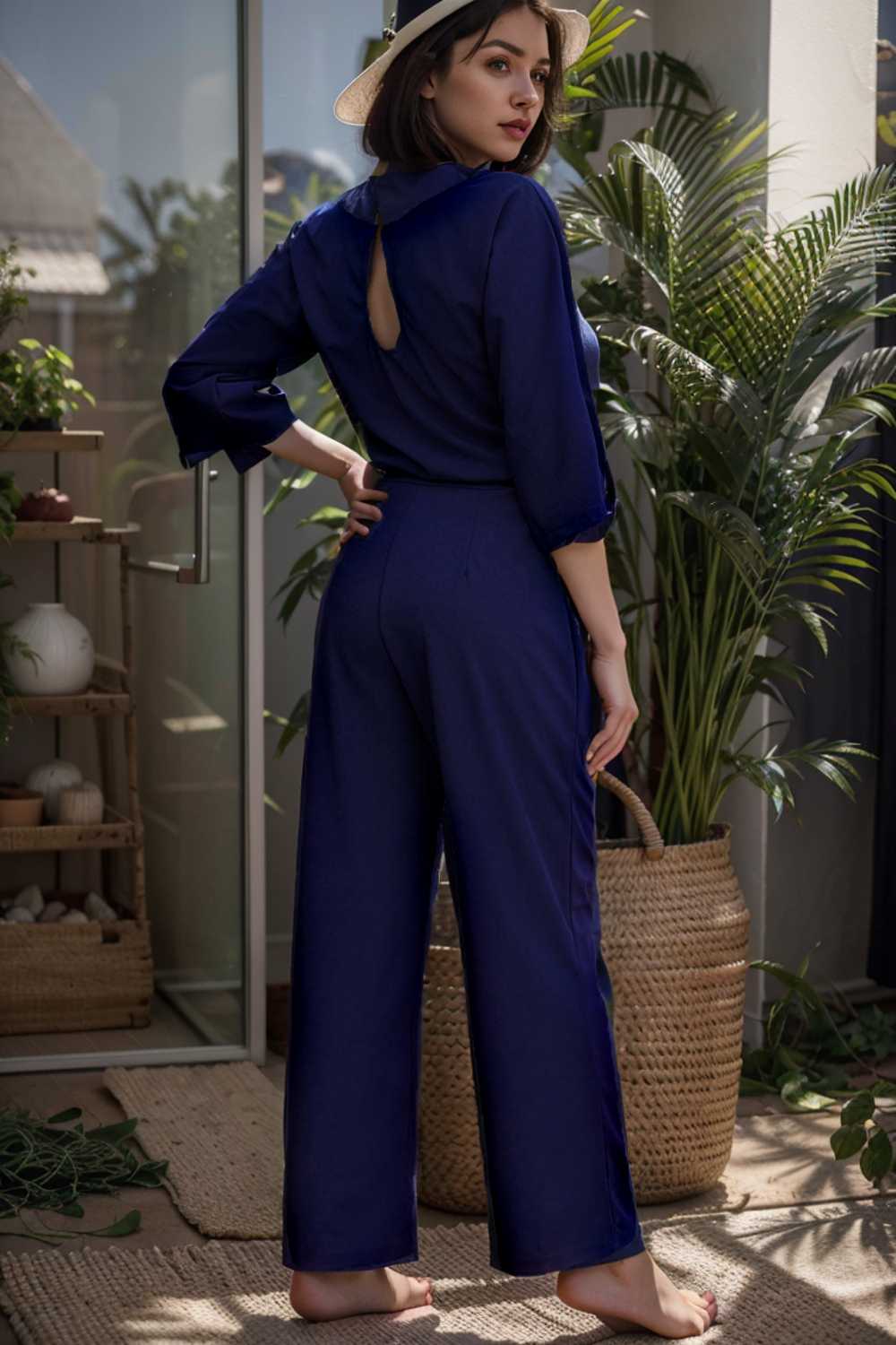 solid five point sleeve belted wide leg jumpsuit 110264