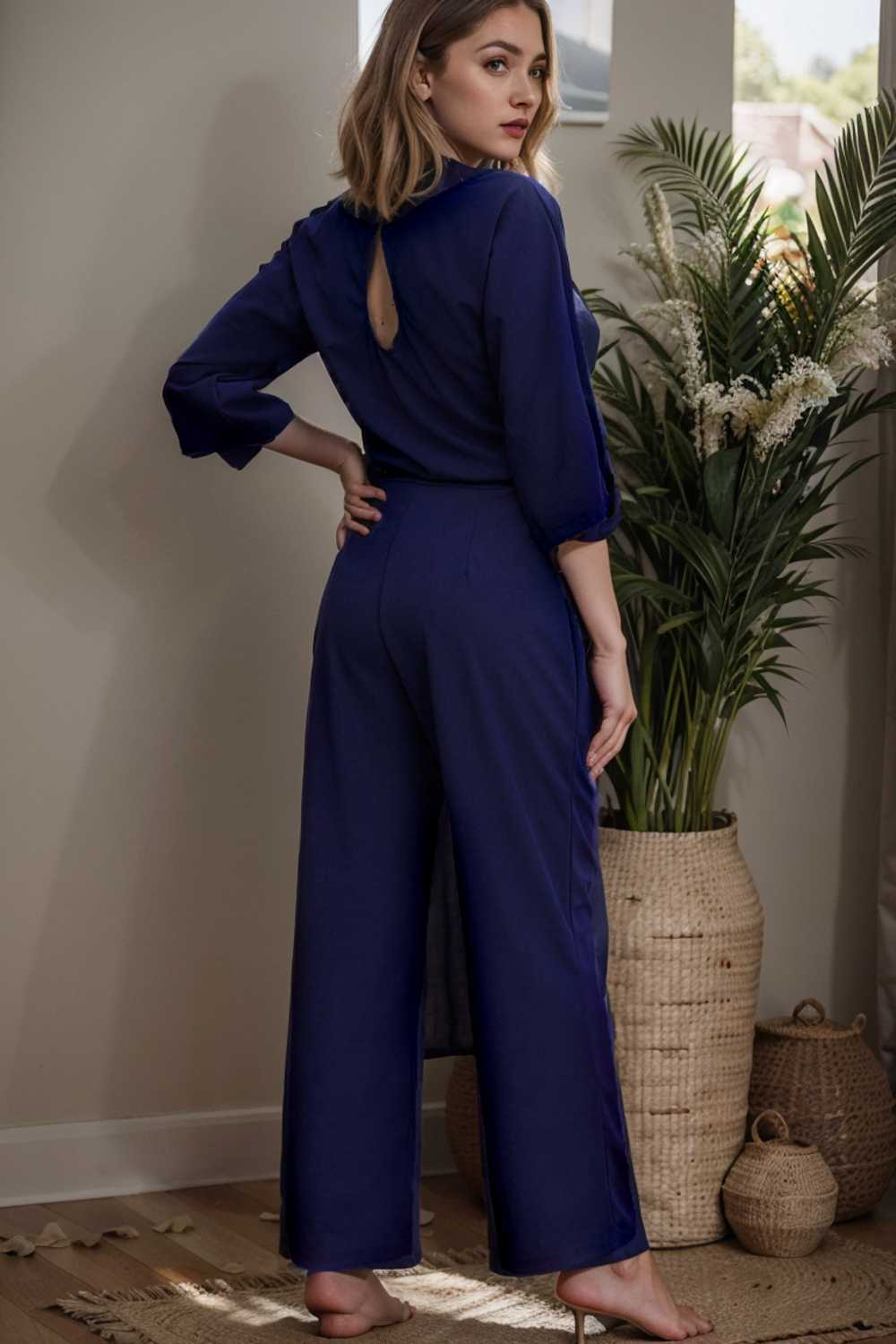 solid five point sleeve belted wide leg jumpsuit 110263