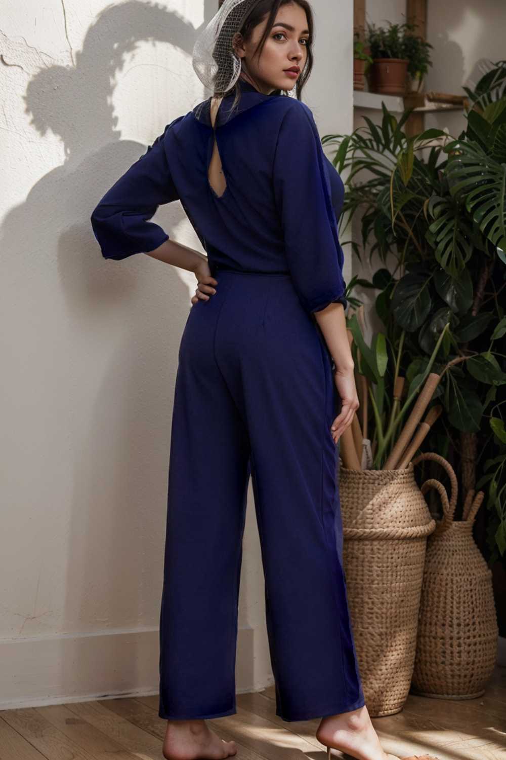 solid five point sleeve belted wide leg jumpsuit 110262