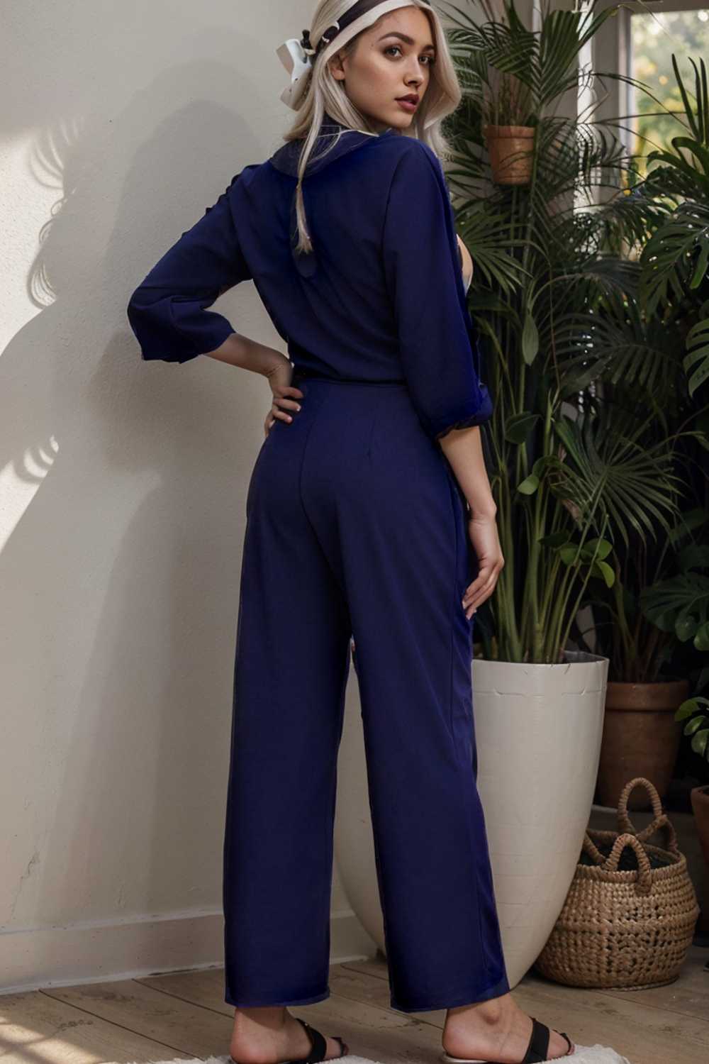 solid five point sleeve belted wide leg jumpsuit 110261