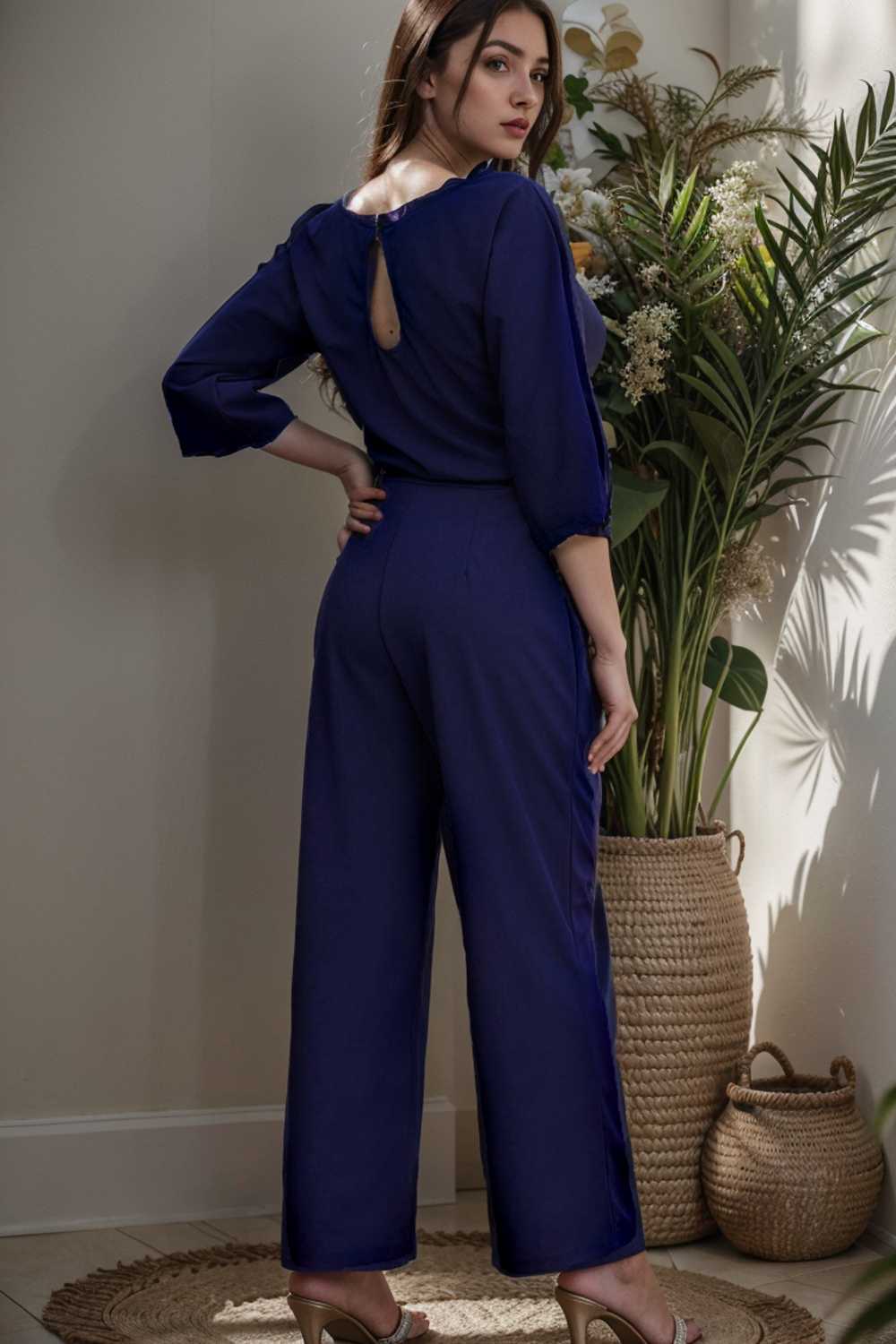 solid five point sleeve belted wide leg jumpsuit 110260