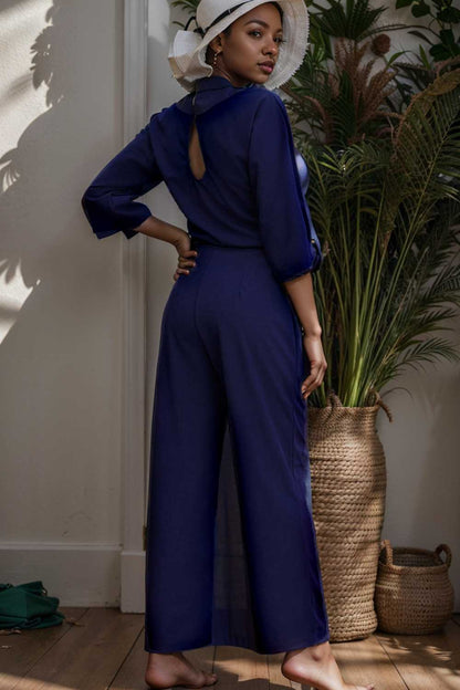 solid five point sleeve belted wide leg jumpsuit 110259