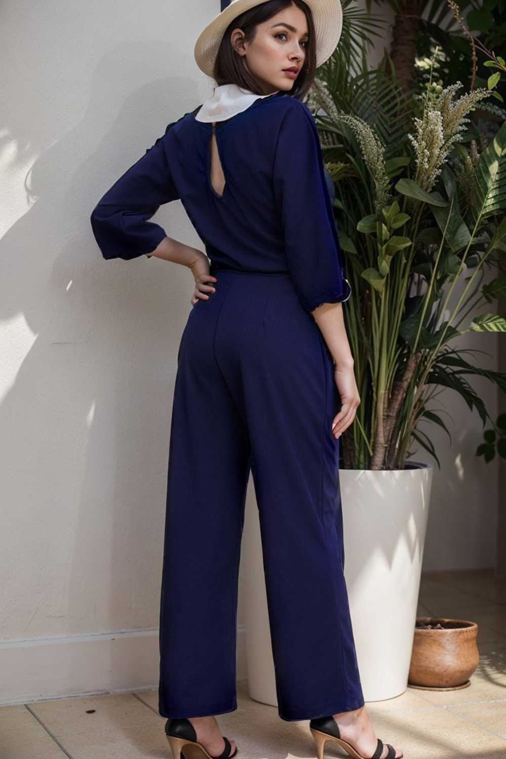 solid five point sleeve belted wide leg jumpsuit 110258