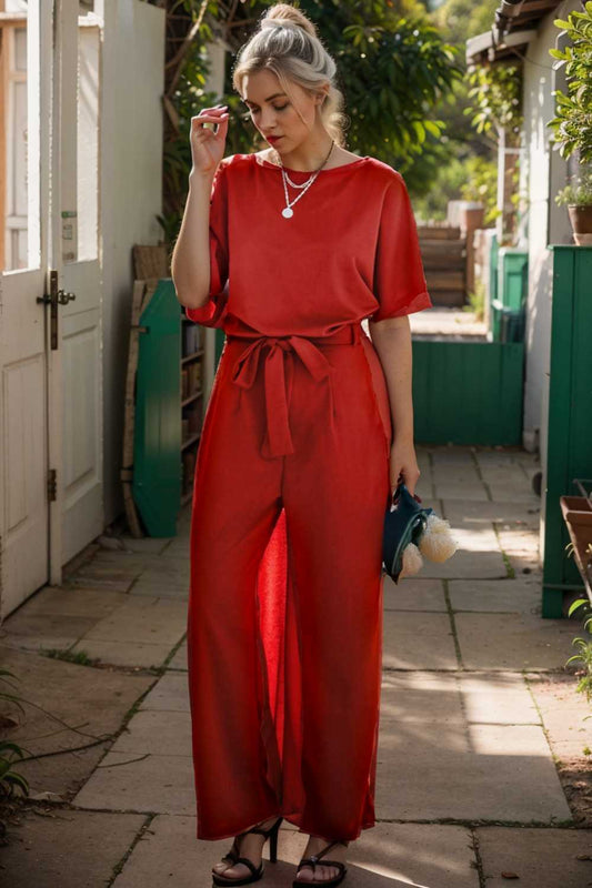 solid five point sleeve belted wide leg jumpsuit 107272