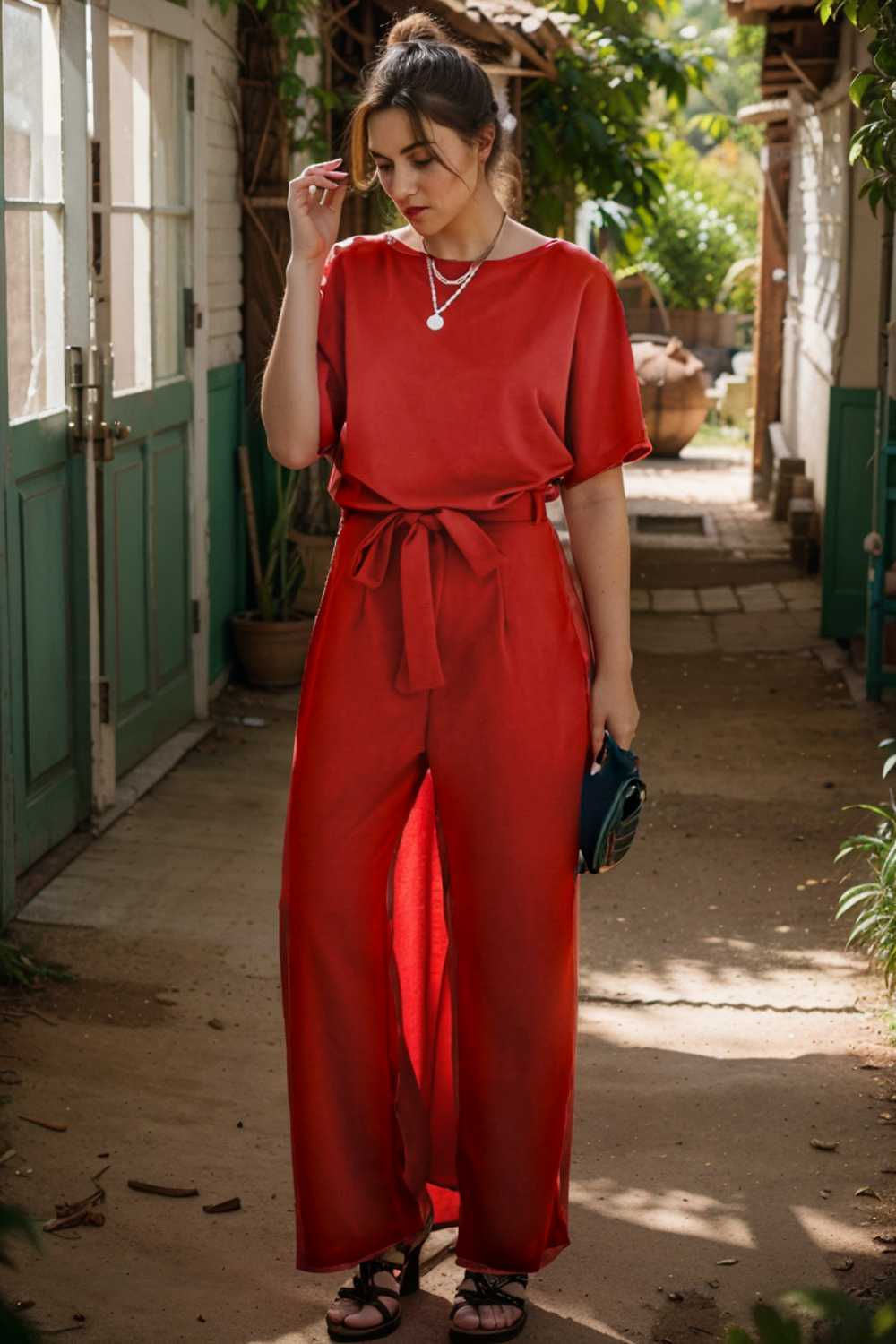 solid five point sleeve belted wide leg jumpsuit 110257