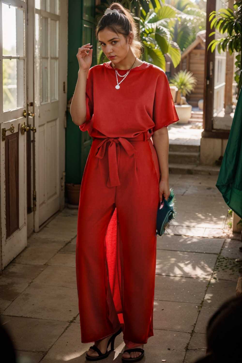 solid five point sleeve belted wide leg jumpsuit 106336