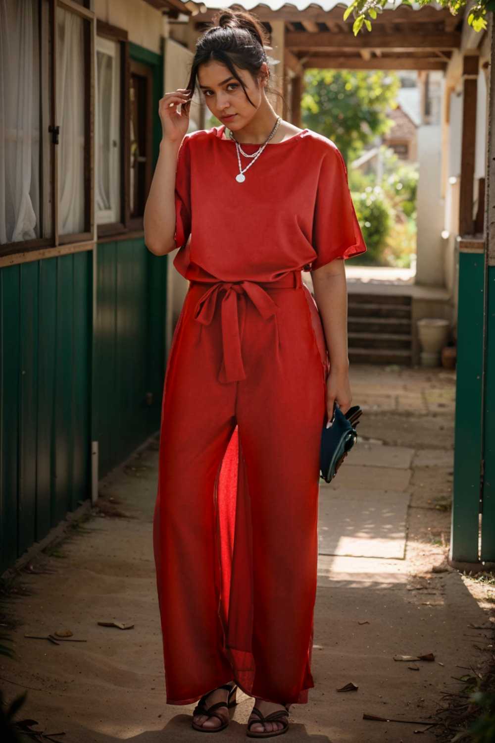 solid five point sleeve belted wide leg jumpsuit 106335