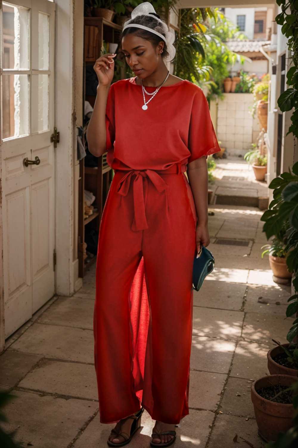 solid five point sleeve belted wide leg jumpsuit 106334