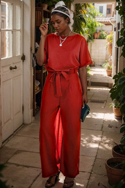 solid five point sleeve belted wide leg jumpsuit 106334