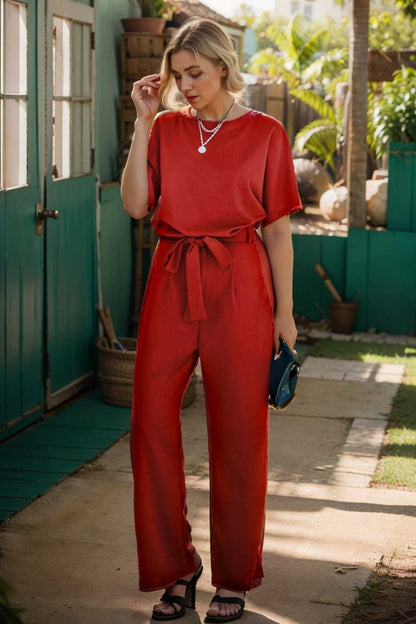 solid five point sleeve belted wide leg jumpsuit 110254