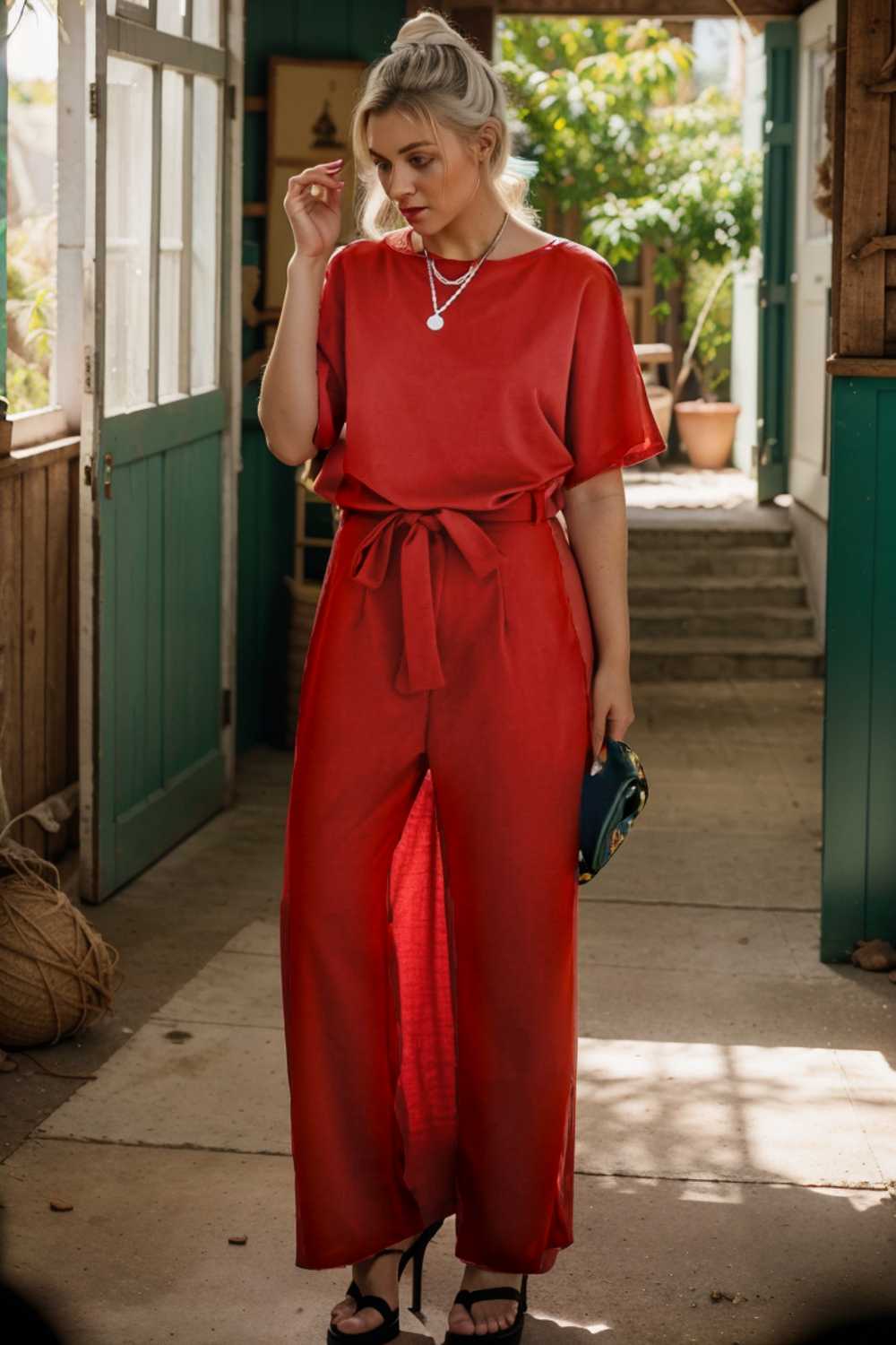 solid five point sleeve belted wide leg jumpsuit 110253