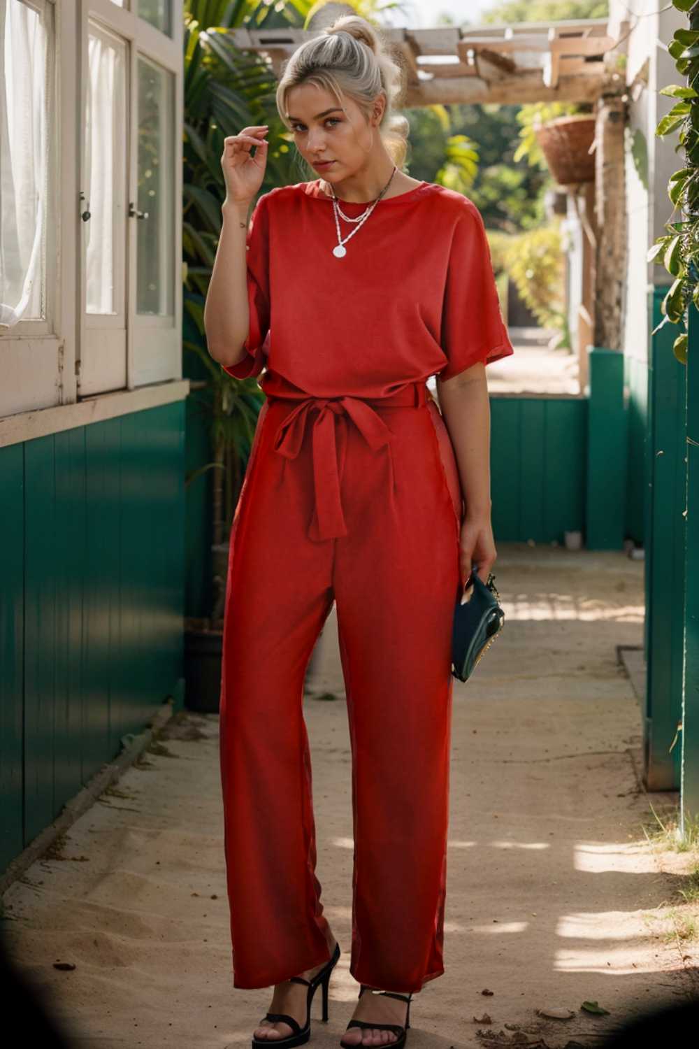 solid five point sleeve belted wide leg jumpsuit 106333