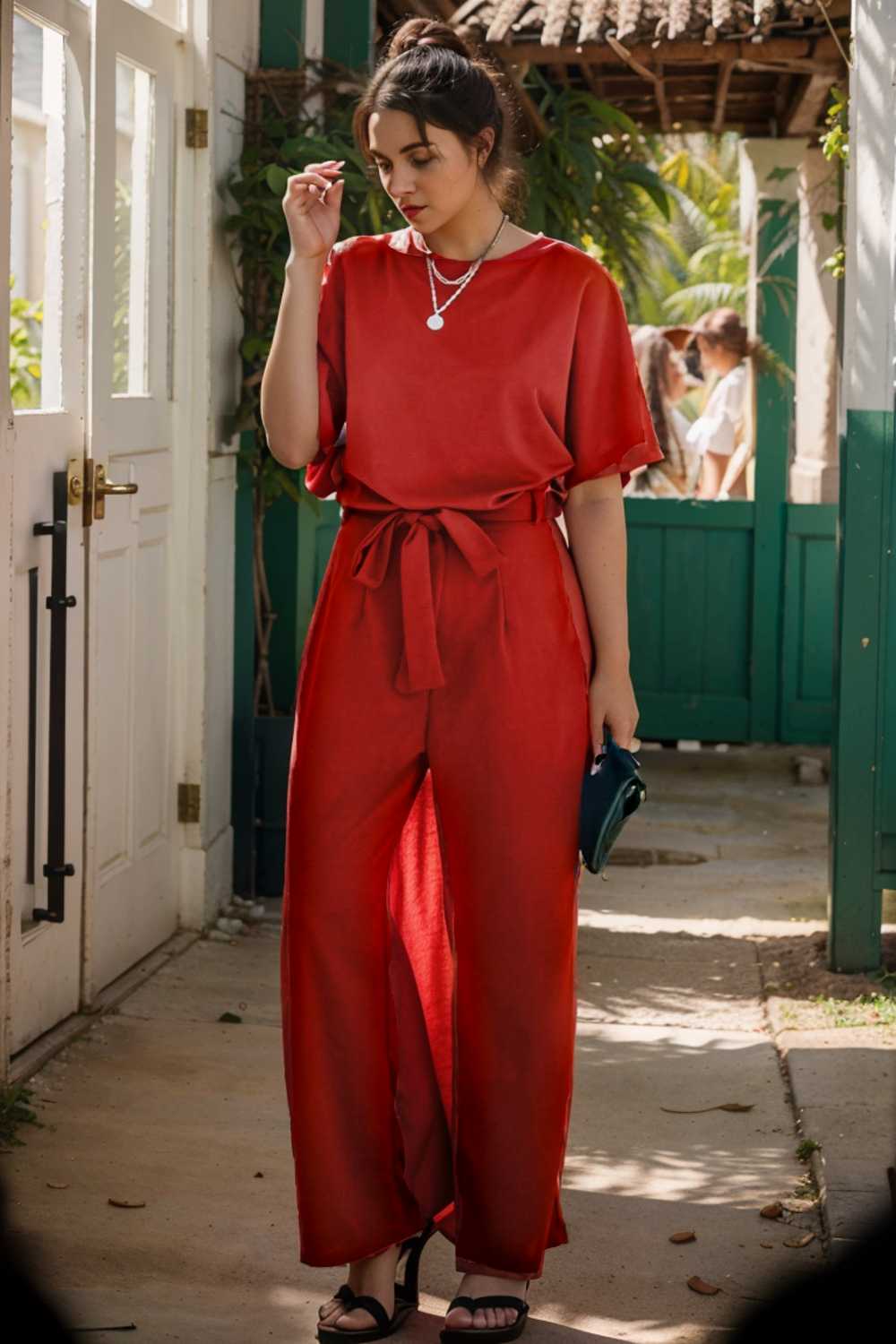 solid five point sleeve belted wide leg jumpsuit 110252