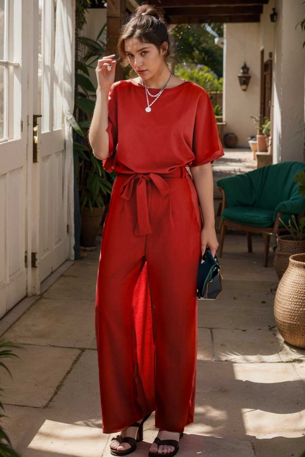 solid five point sleeve belted wide leg jumpsuit 106332