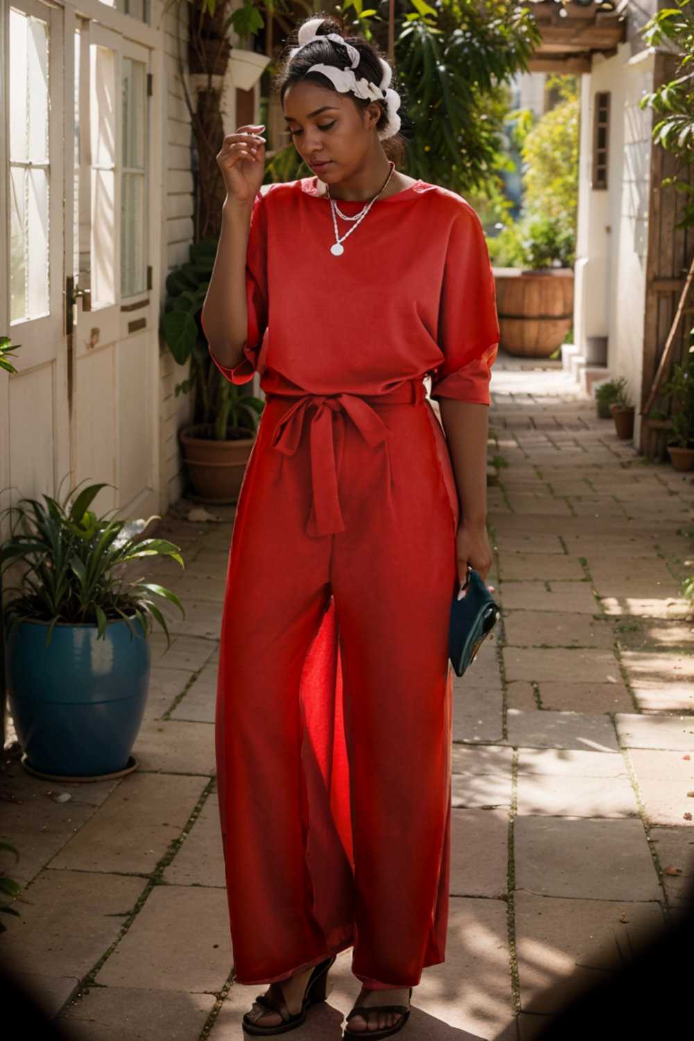 solid five point sleeve belted wide leg jumpsuit 106331