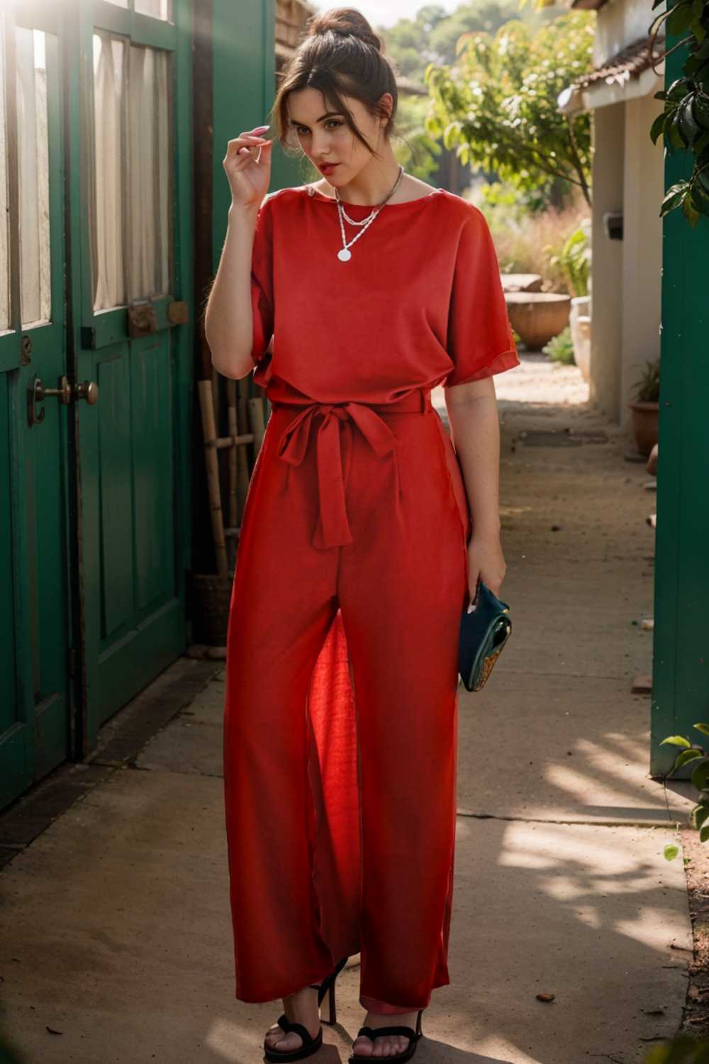 solid five point sleeve belted wide leg jumpsuit 110251