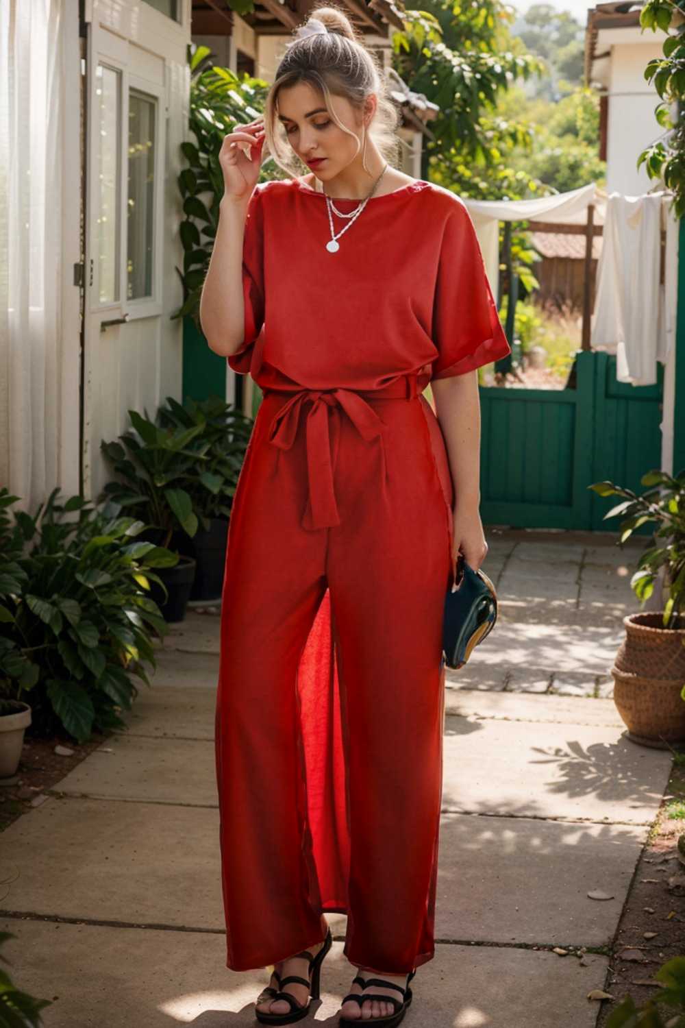 solid five point sleeve belted wide leg jumpsuit 110250